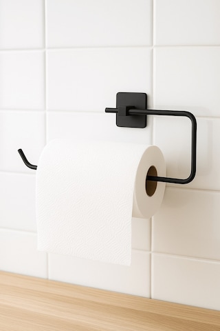 Siyah Yapışkanlı Solo Havluluk Kare Topuzlu, Yapıştır/vidala Montajlı Metal Banyo Askısı - S-110 - Kts Siyah