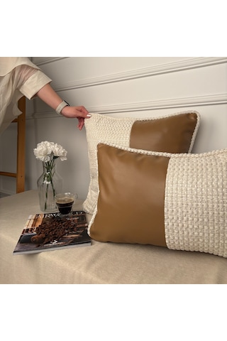 "bouclé & Leather" Deri Kırlent Kılıfı Seti Kahverengi - Beyaz