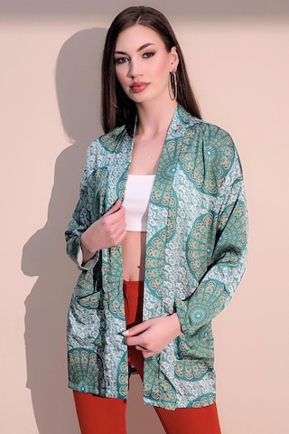Kadın Yeşil Etnik Desen Yeni Moda Saten Çift Cepli Salaş Kimono Ceket - Tesettüre Uygun Yeşil