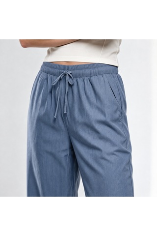 Nealirsanall.com Kadın Mavi Tencel Bol Paça Pantolon - Beli Bağcıklı Geniş Paça Pantolon