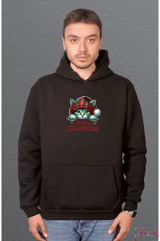 Bumeta Sevimli Kedi Yılbaşı Cute Christmas Sweatshirt Unisex Kapüşonlu Hoodie Siyah