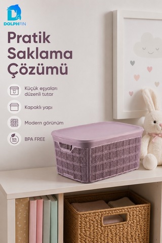 Jute Kapaklı Saklama Kutusu 18 L Plastik Mutfak Kiler Dolap İçi Organizer 31x43x19,5 Cm Mor
