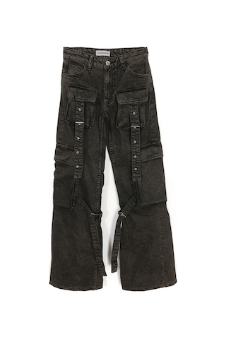 Kargo Cep Bol Wide Leg Paça Eskitme Retro Yüksek Bel Denim Jean Kadın Pantolon Kahverengi