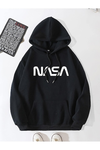 Startmore Siyah Unisex Kadın/erkek Nasa Renkli Baskılı Oversize Kapüşonlu
