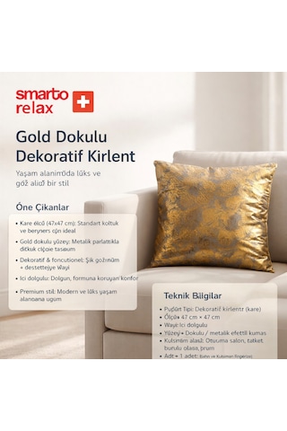 Smarto Relax Tekli Antibakteriyel Desenli Dekoratif Dolgulu Kırlent 45x45 Cm Siyah - Altın