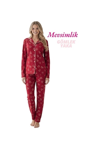Guava Kadın Desenli Slim Fit Gömlek Yaka Önden Düğmeli Dar Kalıp Mevsimlik Uzun Kollu Pijama Takımı