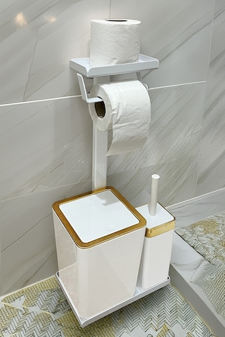 3'ü 1 Arada Banyo Seti Tuvalet Kağıtlık, Çöp Kovası Ve Tuvalet Fırça Takımı Altın - Beyaz