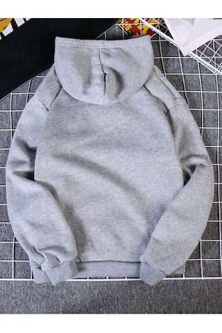 Kalp Ritimli Sweatshirt - Gri Baskılı Oversize Kalın Kışlık Kapüşonlu Gri