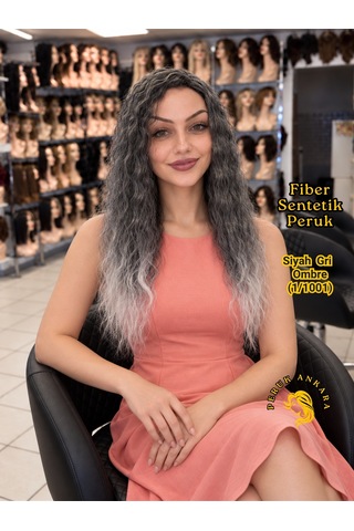 Afro Dalgası Peruk Fiber Sentetik Siyah Gri Ombre
