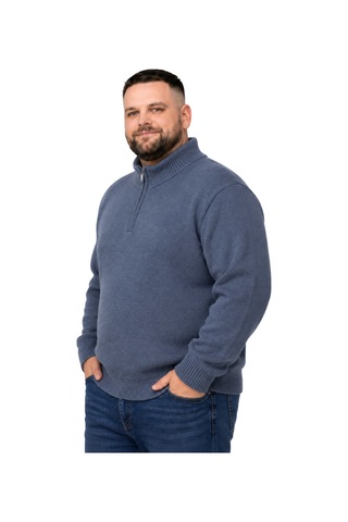 Battalmoda Erkek Büyük Beden İndigo Hattush Fermuarlı Dik Yaka Triko Kazak 3xl-4xl-5xl-6xl Indigo