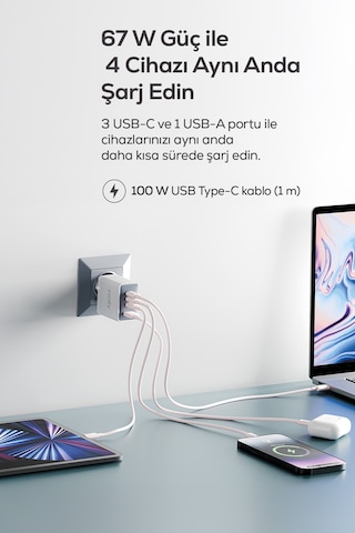 Hızlı Şarj Adaptörü 67w Gan + Type-c Kablo 100w Pd 4 Port, İphone & Samsung Uyumlu V0102012