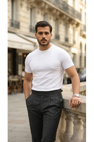 Efnaz Style Erkek Basic Bisiklet Yaka Kısa Kollu Triko Tişört - %100 Pamuk Akrilik Beyaz