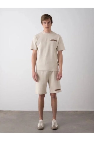 Erkek Çocuk Sırt Baskılı Pamuklu Oversize T-shirt Şort Takım-15798 Bej