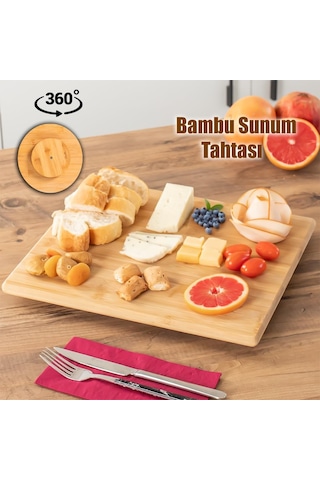 Porsima Bambu Peynir Pizza Tahtası Sunum Tahtası 360 Derece Dönen Yuvarlak Lüx Servis 35 X 30 X 1.5 Cm Diğer