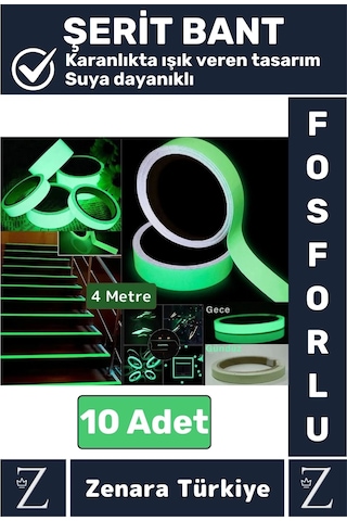 Premium Karanlıkta Işık Veren Suya Dayanıklı Ev Bahçe Merdiven Fosforlu Şerit Bant 4 Metre X 10 Adet