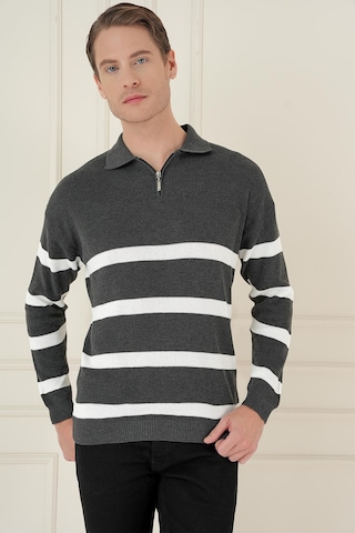 Efor Slim Fit Çizgili Fermuarlı Polo Yaka Antrasit Triko Kazak Tr 877 Antrasit