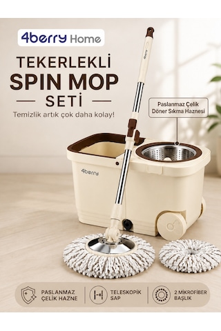 Tekerlekli Spin Mop Seti- Pedallı Sıkma Hazneli, Mikrofiber Başlıklı Ve Teleskopik Saplı Temizlik Seti