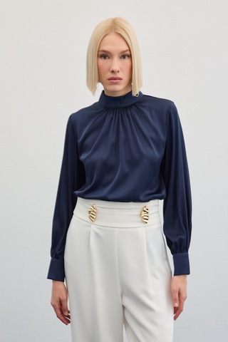 Sateen Yaka Detaylı Saten Bluz - Lacivert-136018 Lacivert