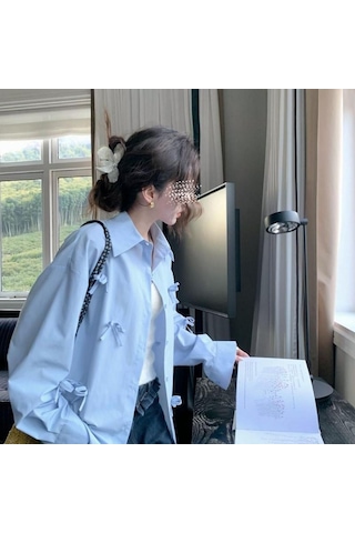 Kadınlar İçin 3d Fiyonklu Mavi Gömlek Kadın Şık Çok Yönlü Günlük Yaka Üst Düz Renk Uzun Kollu Bayan Tek Sıra Düğmeli Gömlekler Sarı