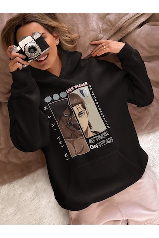 Sevbano Attack On Titan Eren Yeager Baskılı Unisex Oversize Anime Karakte Siyah