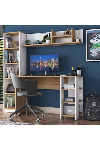 Rani Ha125 Kitaplıklı Raflı Çalışma Ofis Bilgisayar Masası Sepet Ceviz - Beyaz Beyaz - Sepet Ceviz