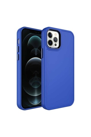 Apple Uyumlu iPhone 12 Pro Max Kılıf Metal Çerçeve Ve Buton Tasarımlı Sert Zore Botox Kapak Saks Mavi