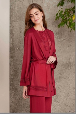 Pierre Cardin 2800 Kadın Penye Dantelli Sabahlıklı Pijama Takım-bordo Bordo