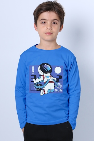 Erkek Çocuk Uzun Kollu Tshirt Astronot Baskılı Bisiklet Yaka B40 Mavi