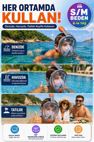 Turuncu Gri Full Face Şnorkel Maske S/m Beden 8-14 Yaş Çocuk Tam Yüz Dalış Seti Katlanabilir