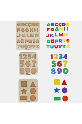 Ahşap Eğitici Puzzle Seti Türkçe Alfabe + Sayılar + Geometrik Şekiller 3lü Set Montessori Öğretici Set 1 Adet