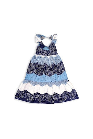 Denokids Kız Çocuk Elbise %100 Pamuk Poplin Lacivert Beyaz İlkbahar Yaz Sezonu 5-10 Yaş Çok Renkli