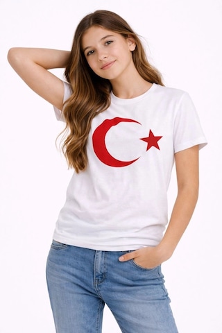 Kız Çocuk Tişört Bisiklet Yaka Ay Yıldız Bayrak Baskılı T-shirt - Beyaz Çok Renkli