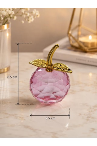 Pembe Kristal Elma Biblo Orta Boy 8.5 Cm Dekoratif Cam Elma Süsü Gold Yapraklı