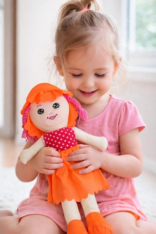 Kız Oyuncak Bebek Elbiseli Oyuncak Bez Bebek 50 Cm Bez Bebek Özel Yapım Premium Turuncu Bebek 001