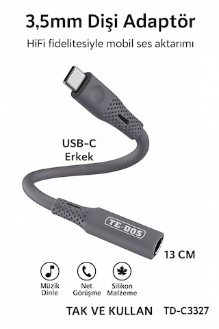 Td-c3327 Type-c-3.5mm Kulaklık Dönüştürücü Hifi Ses Aktarımı Dac Çipli Tak Ve Kullan 13cm