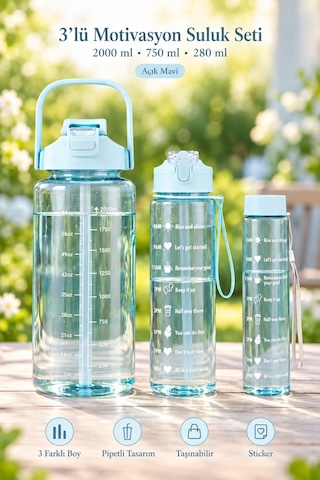 Tilbe Home 3lü Motivasyonel Suluk Matara Seti 2000+750+280ml Pipetli Sticker Askılı Spor Okul Su Şiş Mavi