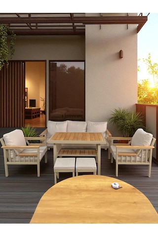 Balkon Takımı, Cappuccino Bahçe Takımı 5+1 Masa 70x110 3lü Koltuk 70x180 Tekli Koltuk 70x70 Bej