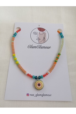 El Yapımı Kolye Uçlu Çok Renkli Kristal Cam Boncuk Kolye Çok REnkli