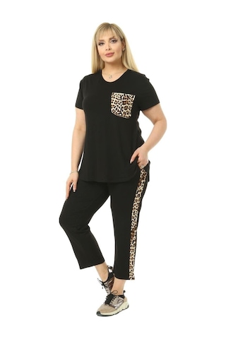 Melsay Butik Siyah Leopar Cep Büyük Beden Kadın Kapri Takımı Siyah