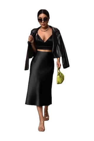 Kadın Saten Kalça Balık Etek Siyah