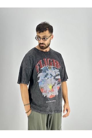 Cocopelli Erkek Yıkamalı Kumaş Baskılı T-shirt Coc2217 Siyah