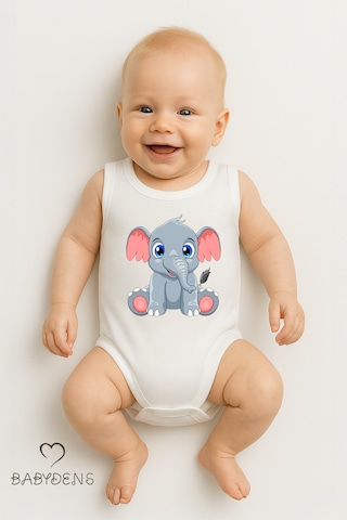 Babyden's %100 Pamuklu Hayvan Figürlü Kolsuz Çıtçıtlı Bebek Body Fil Beyaz