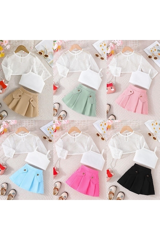 Yeşil Çocuk Giyim Kız Setleri Oymak Üst + Cami Üst + Haki Etekler 3 Adet Yaz Takım Elbise Setleri Kızlar Için 12M-6Y Çocuk Giysileri 12M-6Y Yeşil