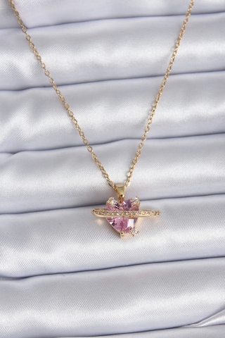 316l Çelik Gold Renk Zincir Pembe Kristal Kalp Model Zirkon Taş Detay Kadın Kolye - Tj-bko7747 Çok renkli