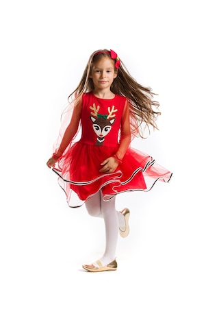 Denokids Tüllü Geyik Kız Kırmızı Yılbaşı Tütü Elbise Kırmızı