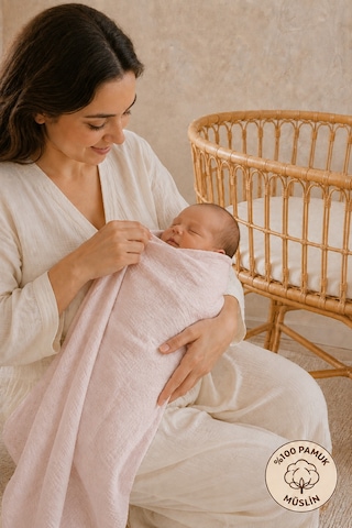 Çift Katlı %100 Organik Pamuk Bebek Yenidoğan Çok Amaçlı Müslin Örtü & Battaniye 80x90 Cm Oeko-tex Sertifikalı Kum Beji