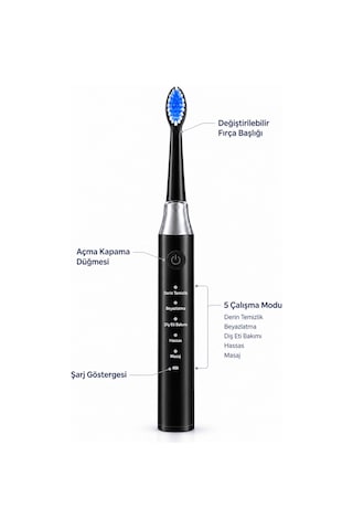Değiştirilebilir Başlıklı Siyah Elektrikli Diş Fırçası 5 Mod Ve 3