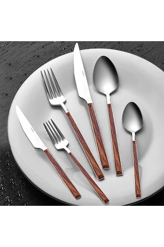 Nehir Bambu Ahşap Görünümlü 36 Parça Çatal Kaşık Bıçak Takımı Ahşap