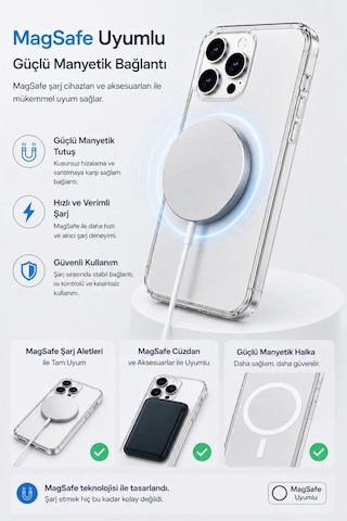 iPhone Uyumlu 17 Premium Şeffaf Mika Sararmaz Sert Magsafe Kılıf