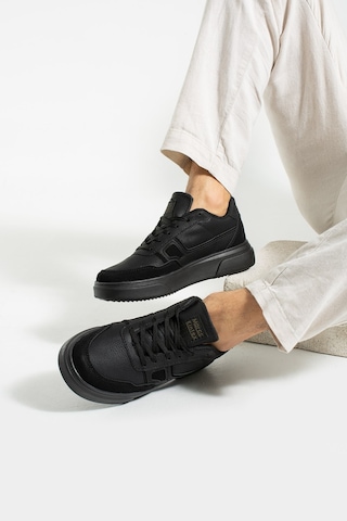 Günlük Erkek Sneaker Yüksek Kalın Tırtıklı Taban Bağcıklı Dikişli Yürüyüş Spor Ayakkabı 2029 Siyah - Siyah